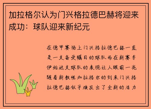 加拉格尔认为门兴格拉德巴赫将迎来成功:球队迎来新纪元