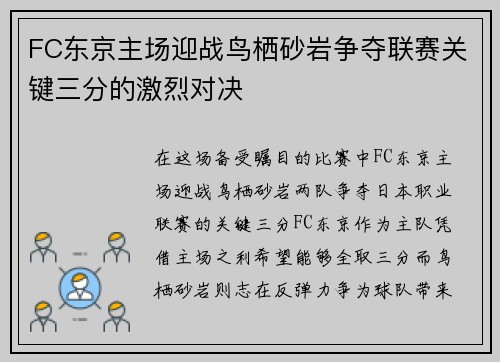 FC东京主场迎战鸟栖砂岩争夺联赛关键三分的激烈对决