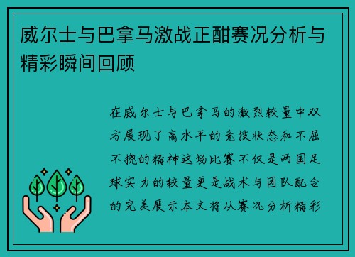 威尔士与巴拿马激战正酣赛况分析与精彩瞬间回顾