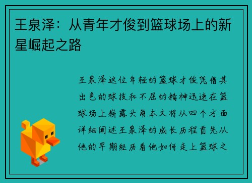 王泉泽：从青年才俊到篮球场上的新星崛起之路
