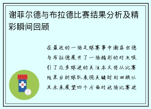 谢菲尔德与布拉德比赛结果分析及精彩瞬间回顾