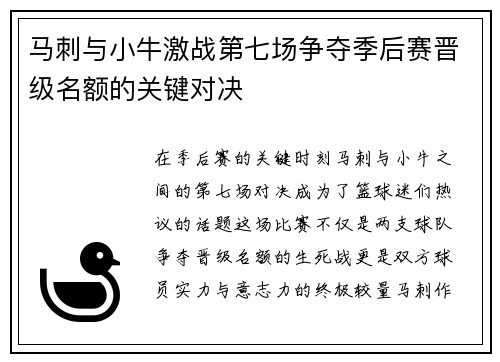 马刺与小牛激战第七场争夺季后赛晋级名额的关键对决