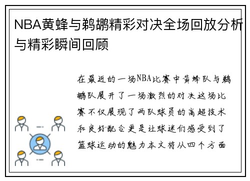 NBA黄蜂与鹈鹕精彩对决全场回放分析与精彩瞬间回顾