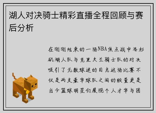湖人对决骑士精彩直播全程回顾与赛后分析