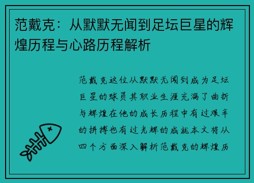 范戴克：从默默无闻到足坛巨星的辉煌历程与心路历程解析