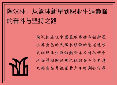 陶汉林：从篮球新星到职业生涯巅峰的奋斗与坚持之路