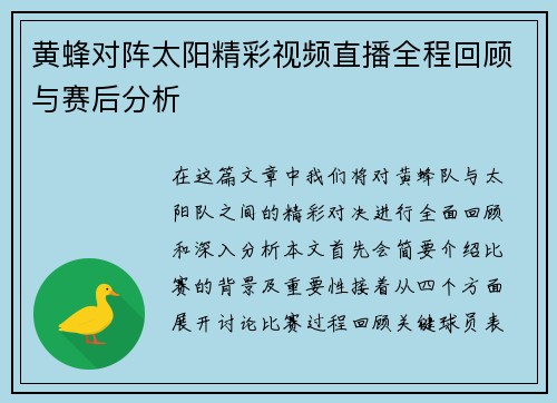 黄蜂对阵太阳精彩视频直播全程回顾与赛后分析