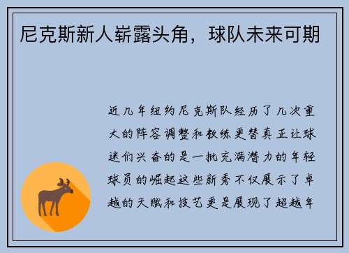 尼克斯新人崭露头角，球队未来可期