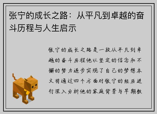 张宁的成长之路：从平凡到卓越的奋斗历程与人生启示