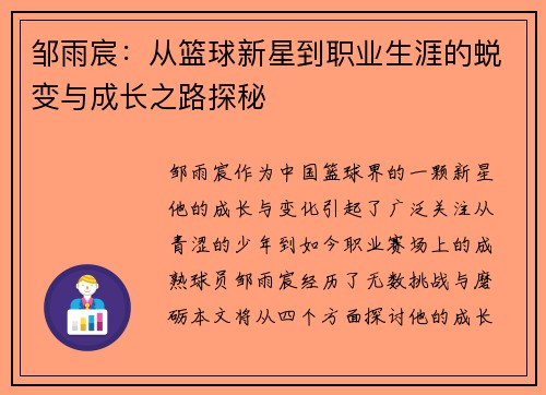邹雨宸:从篮球新星到职业生涯的蜕变与成长之路探秘