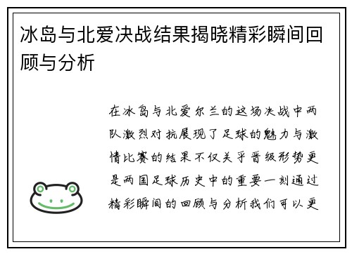 冰岛与北爱决战结果揭晓精彩瞬间回顾与分析