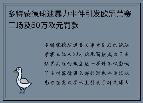 多特蒙德球迷暴力事件引发欧冠禁赛三场及50万欧元罚款