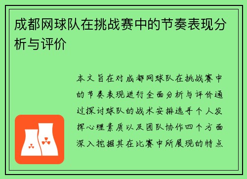 成都网球队在挑战赛中的节奏表现分析与评价