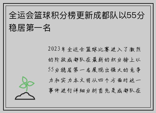 全运会篮球积分榜更新成都队以55分稳居第一名